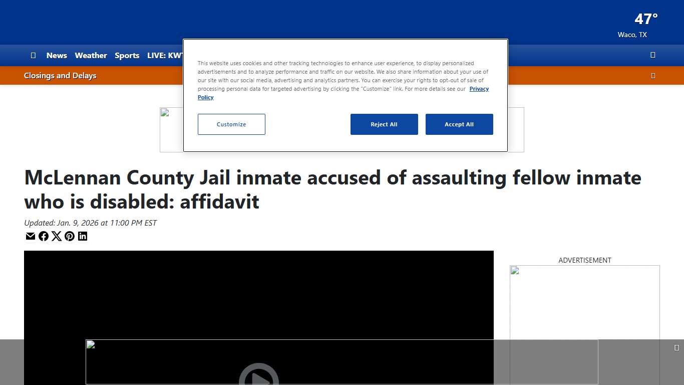 McLennan County Jail inmate accused of assaulting fellow inmate who is disabled: affidavit